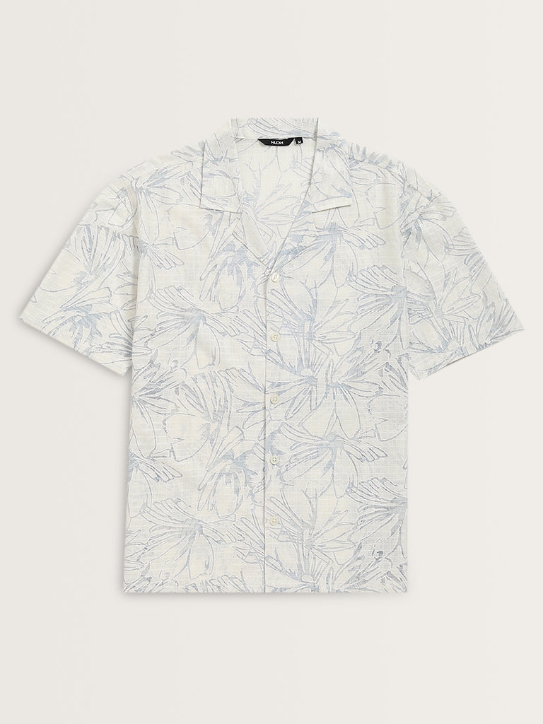 Nuon White Floral Pattern Relaxed-Fit Shirt