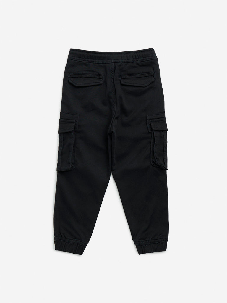 HOP Kids Black Cargo-Style Mid-Rise Cotton Blend Joggers