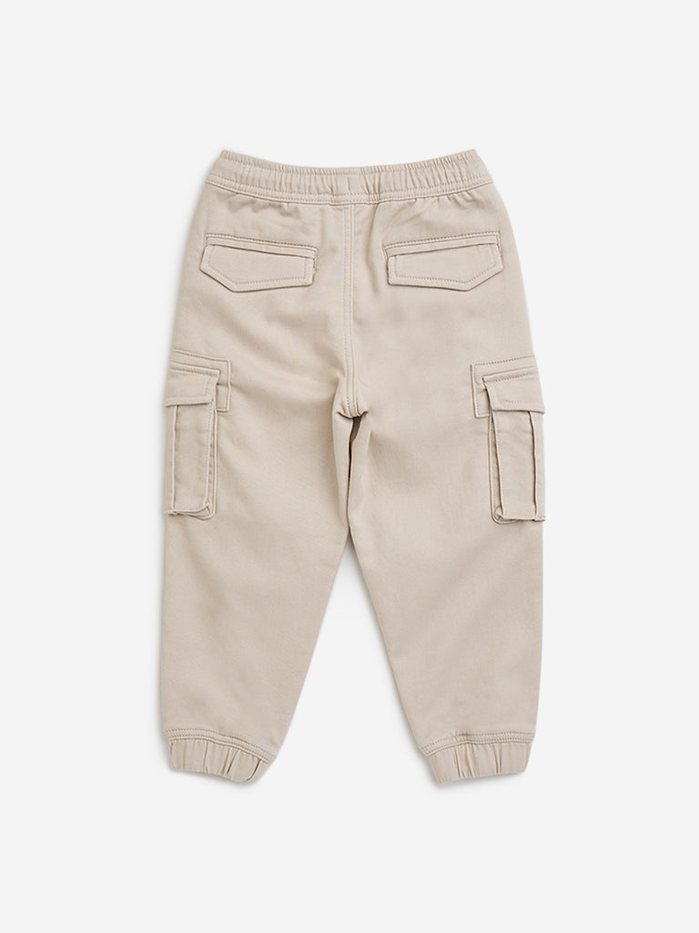 HOP Kids Beige Cargo-Style Mid-Rise Cotton Blend Joggers