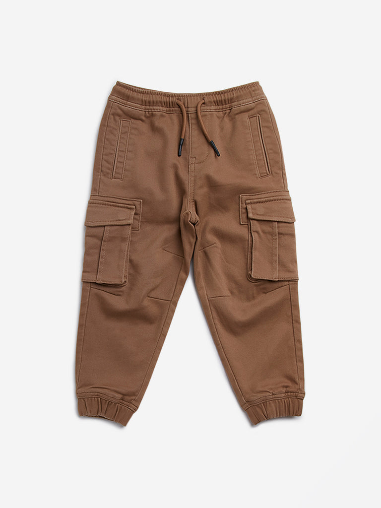 HOP Kids Taupe Cargo-Style Mid-Rise Cotton Blend Joggers