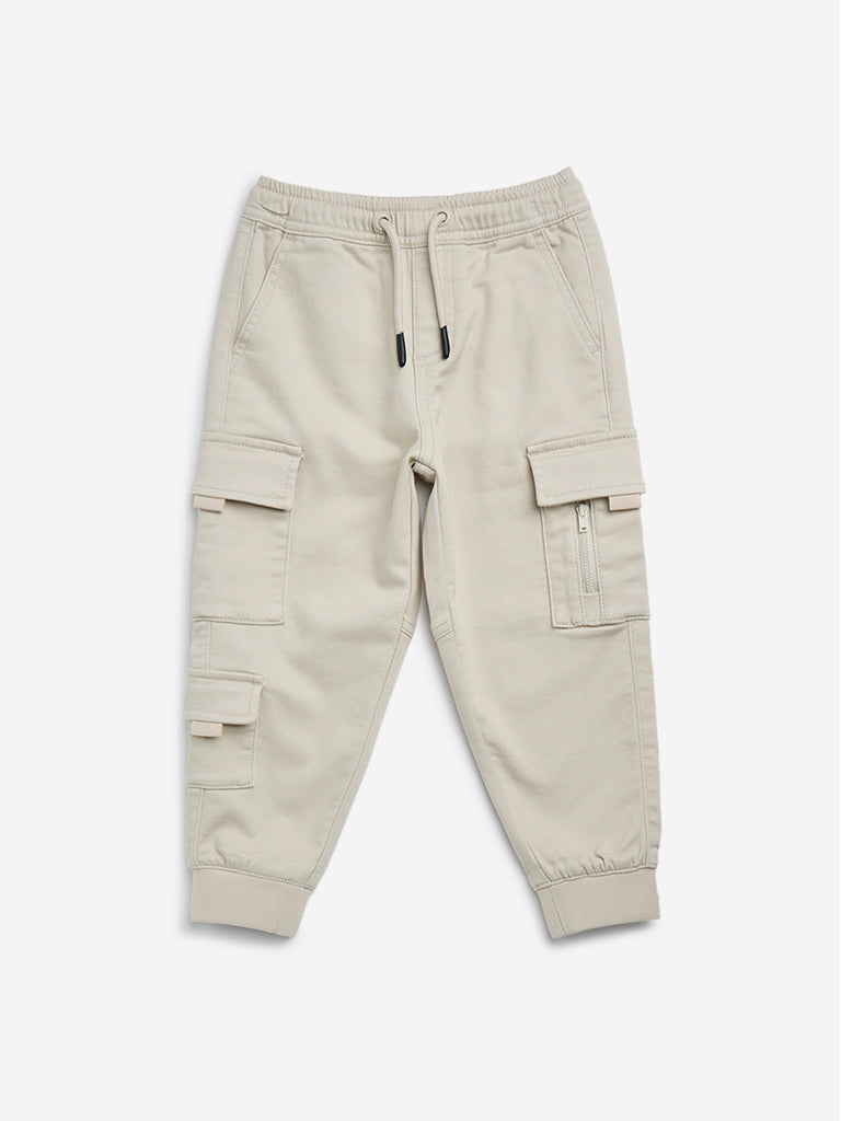 HOP Kids Beige Cargo-Style Mid-Rise Cotton-Blend Joggers