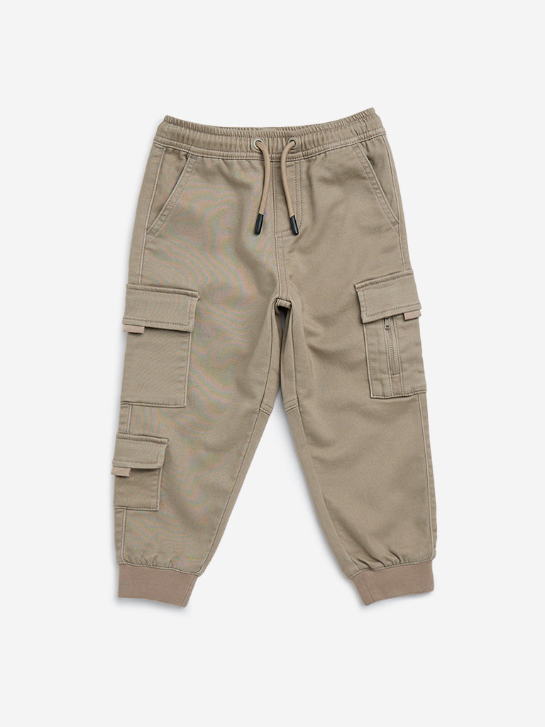 HOP Kids Taupe Cargo-Style Mid-Rise Cotton-Blend Joggers