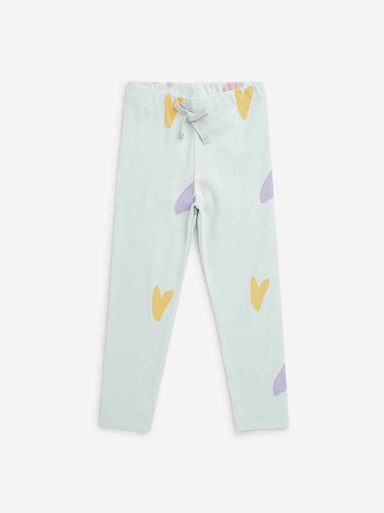 HOP Kids Mint Heart Printed Mid-Rise Cotton Blend Pants