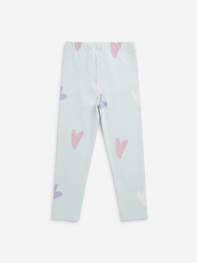 HOP Kids Mint Heart Printed Mid-Rise Cotton Blend Pants