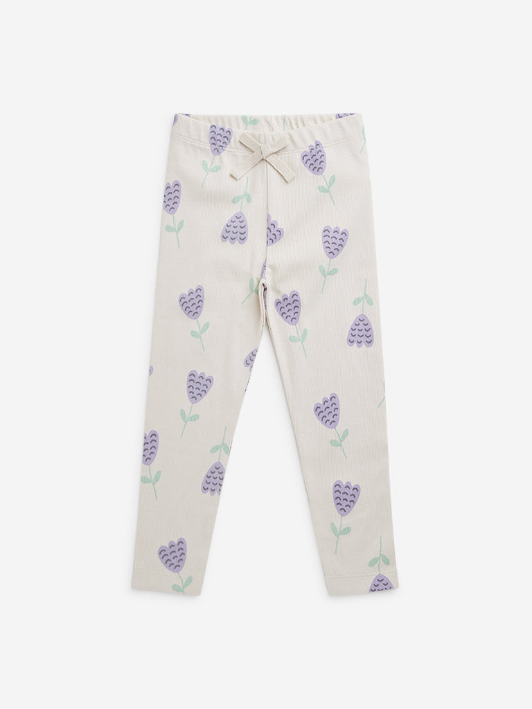 HOP Kids Beige Tulip Printed High-Rise Cotton Blend Pants