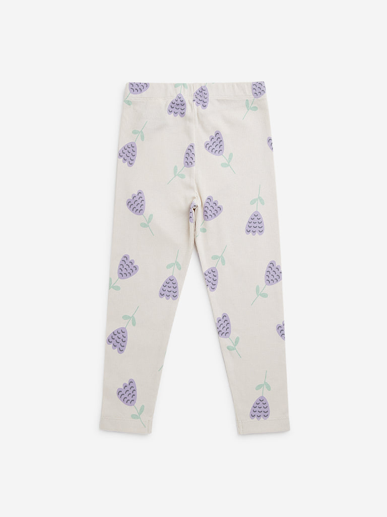 HOP Kids Beige Tulip Printed High-Rise Cotton Blend Pants