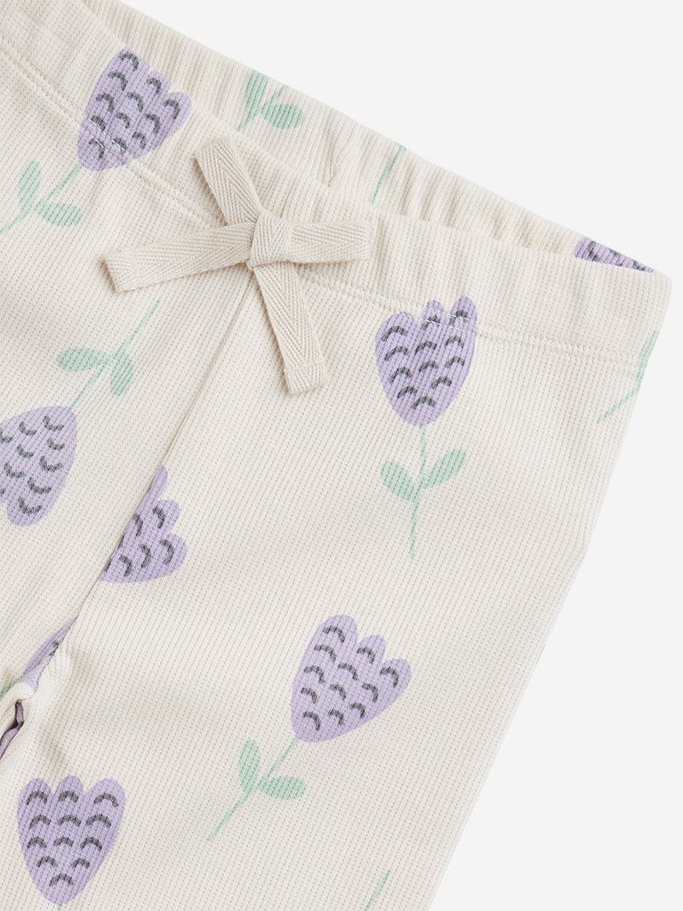 HOP Kids Beige Tulip Printed High-Rise Cotton Blend Pants