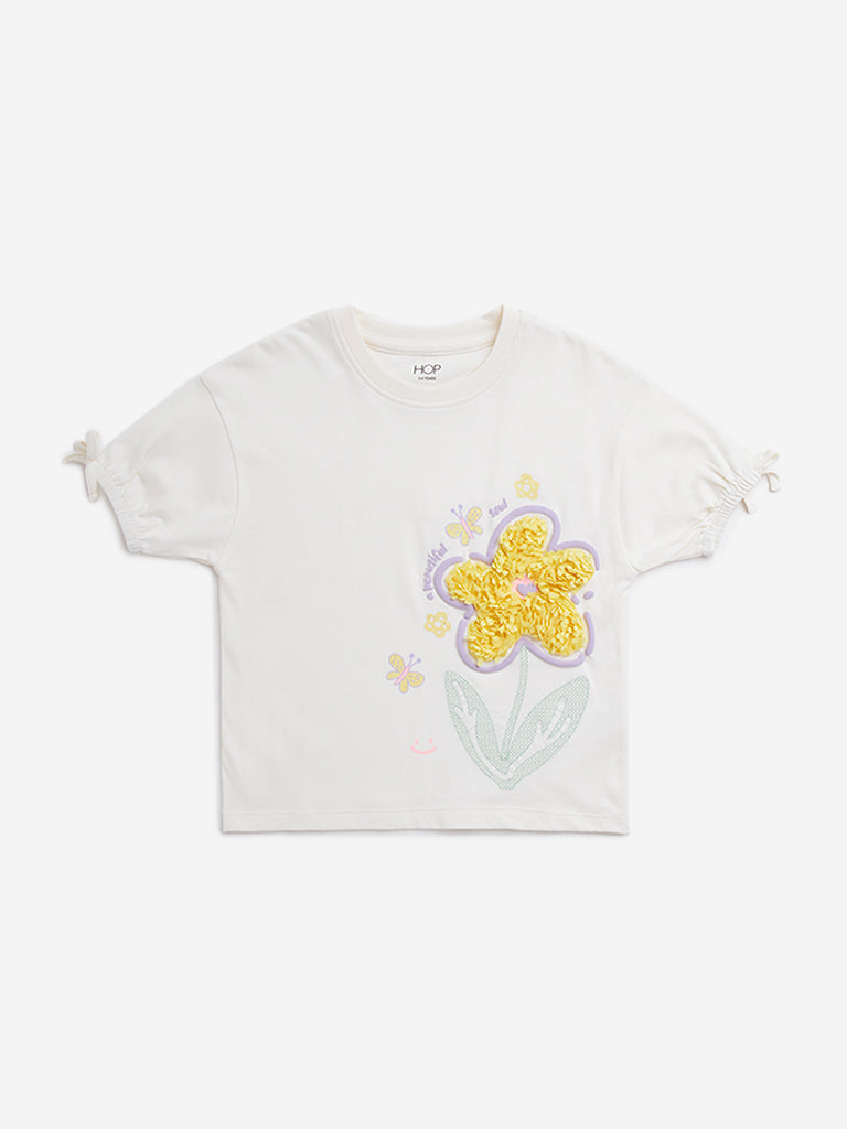 HOP Kids Off-White Floral Printed Cotton T-Shirt