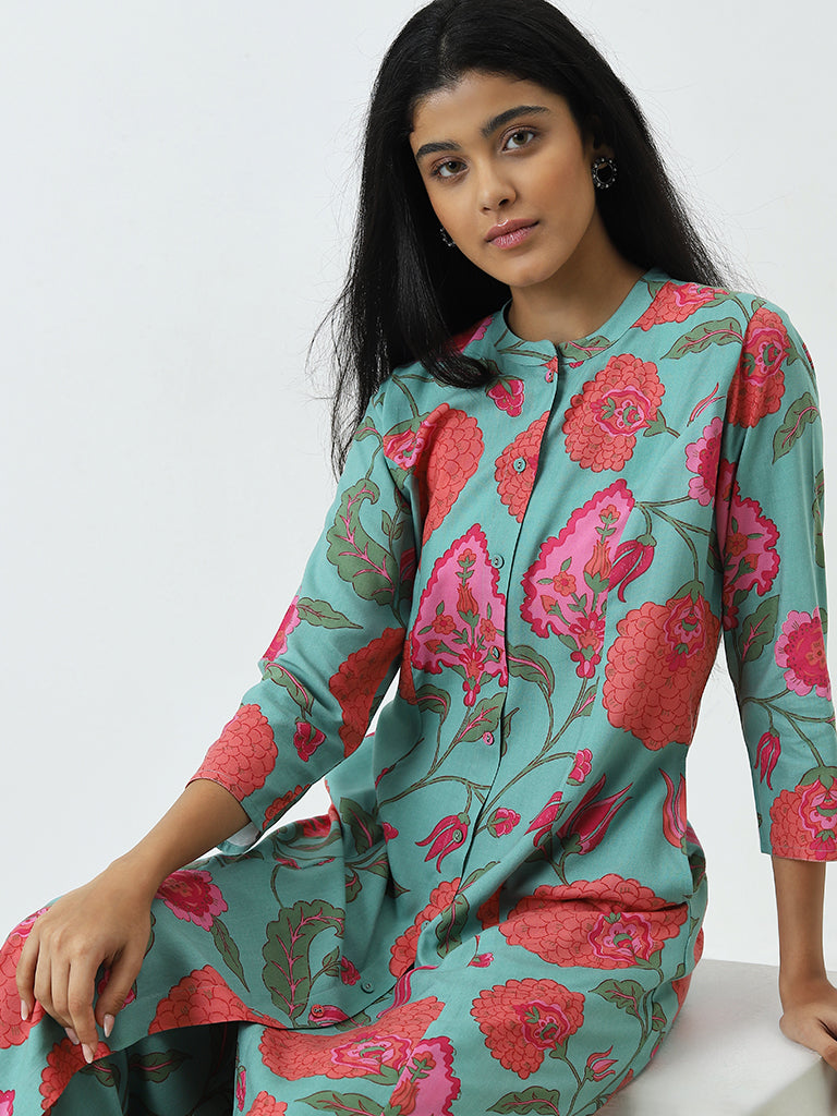 Utsa Light Teal Floral Printed A-Line Kurta