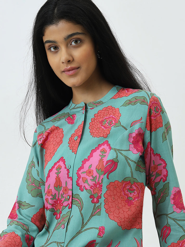 Utsa Light Teal Floral Printed A-Line Kurta