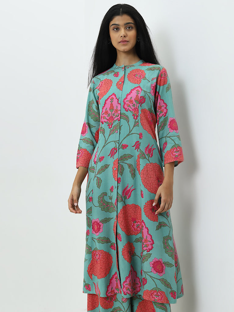 Utsa Light Teal Floral Printed A-Line Kurta