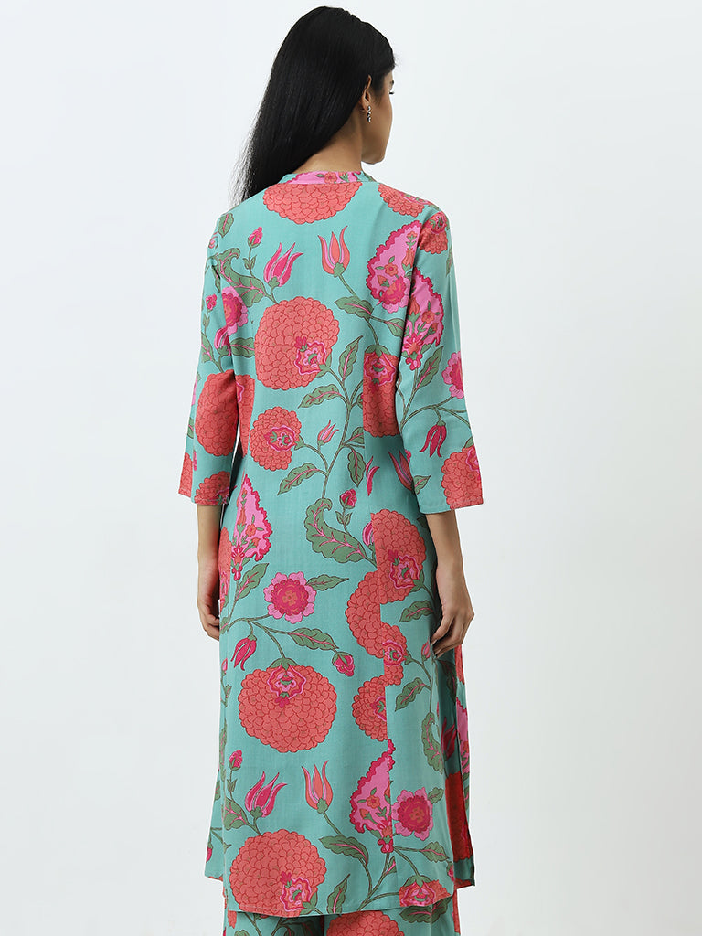 Utsa Light Teal Floral Printed A-Line Kurta