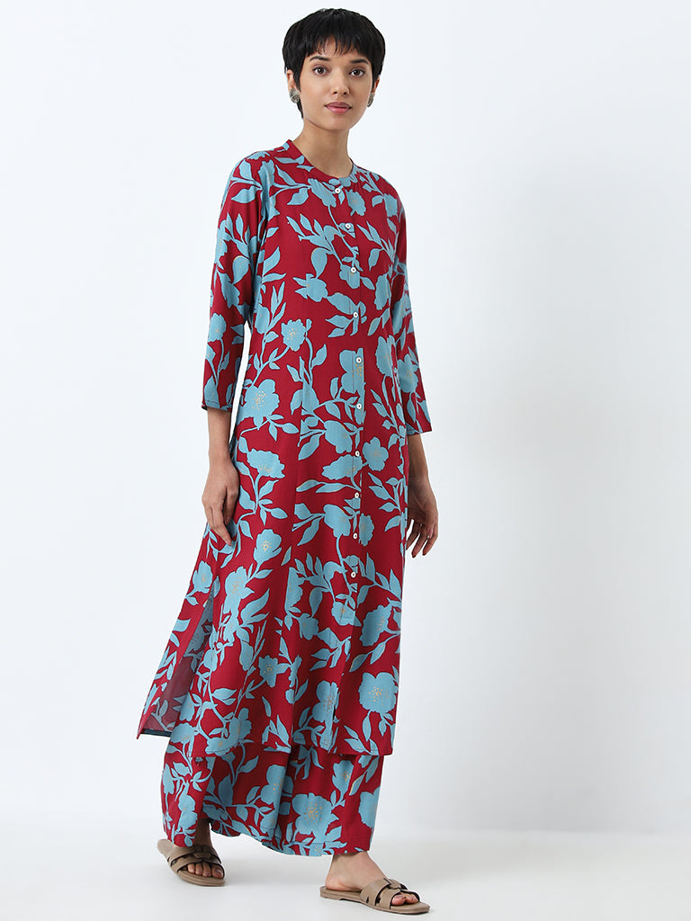 Utsa Maroon Floral Printed A-Line Kurta