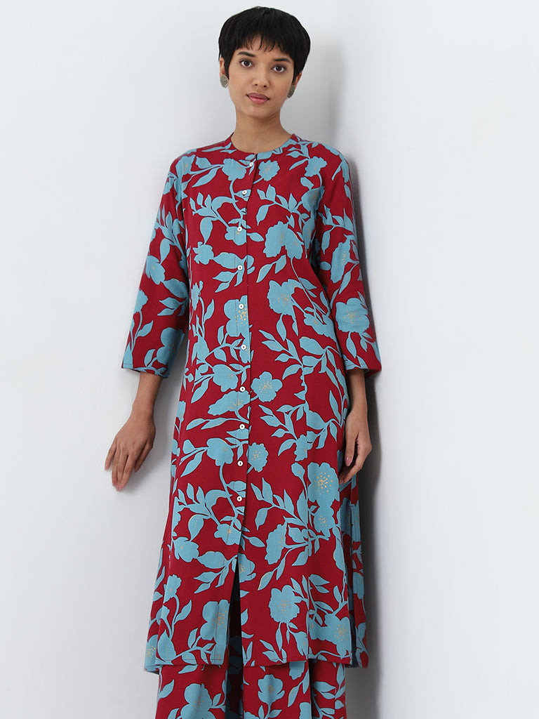 Utsa Maroon Floral Printed A-Line Kurta