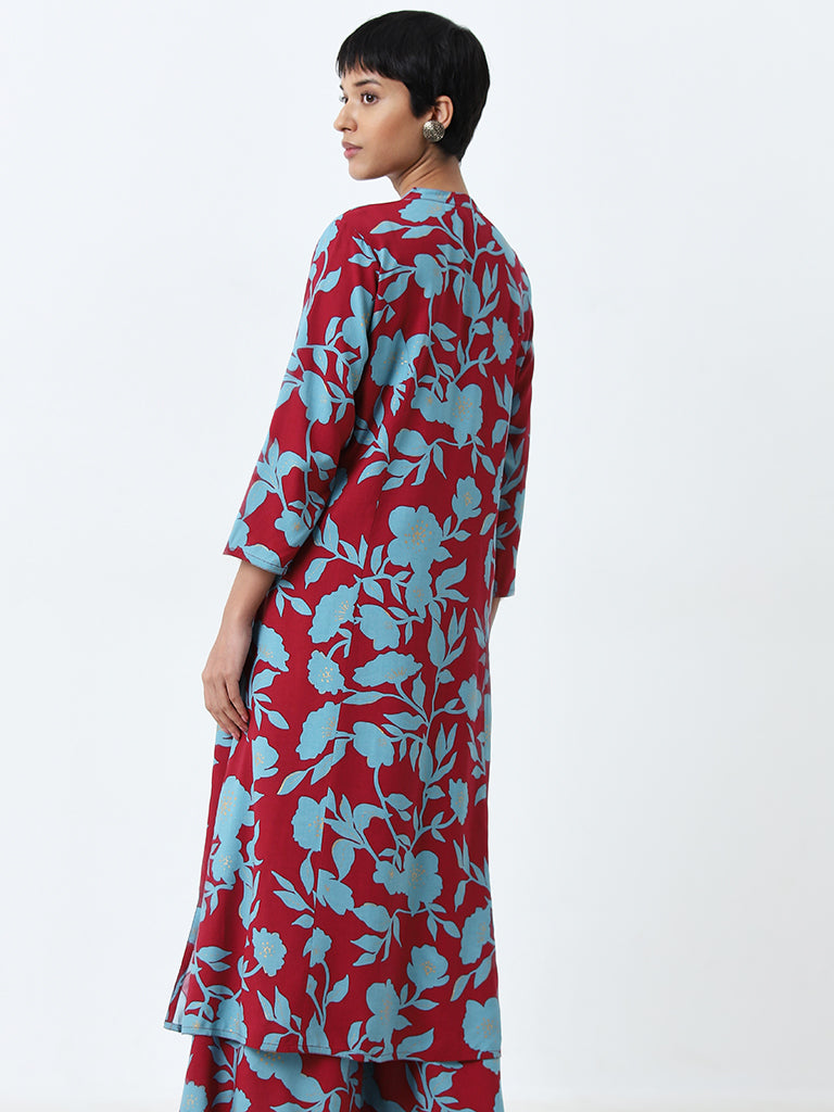 Utsa Maroon Floral Printed A-Line Kurta