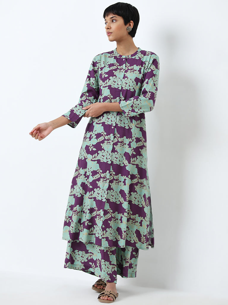 Utsa Purple and Mint Floral A-Line Kurta