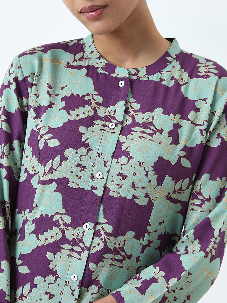 Utsa Purple and Mint Floral A-Line Kurta