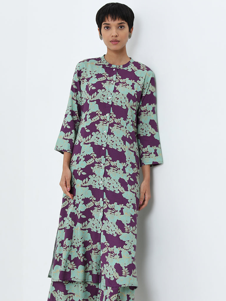 Utsa Purple and Mint Floral A-Line Kurta