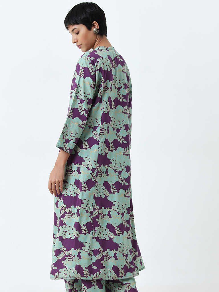 Utsa Purple and Mint Floral A-Line Kurta