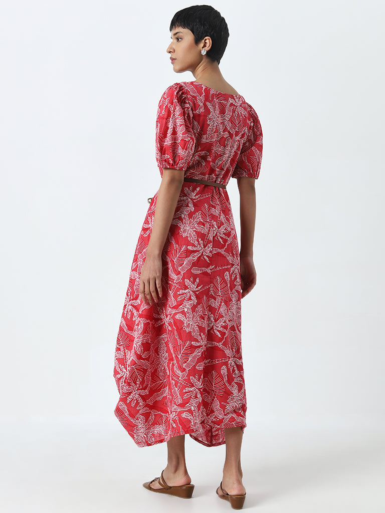 Utsa Red Floral Design A-Line Cotton Dress with Belt