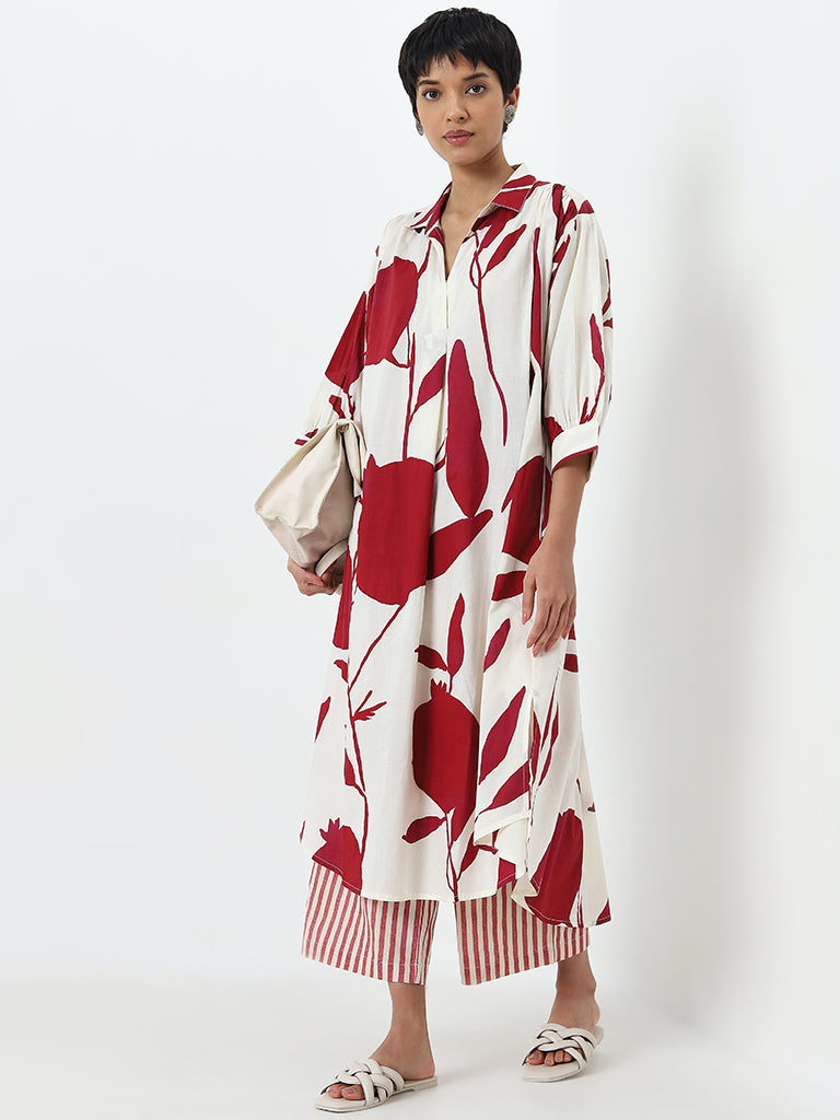 Utsa Red Leaf-Printed A-Line Cotton Kurta