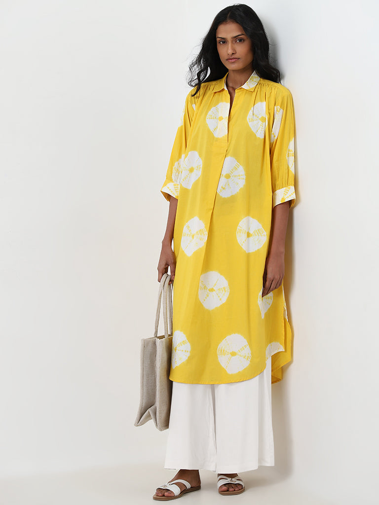 Utsa Yellow Tie-Dye Printed A-Line Cotton Kurta