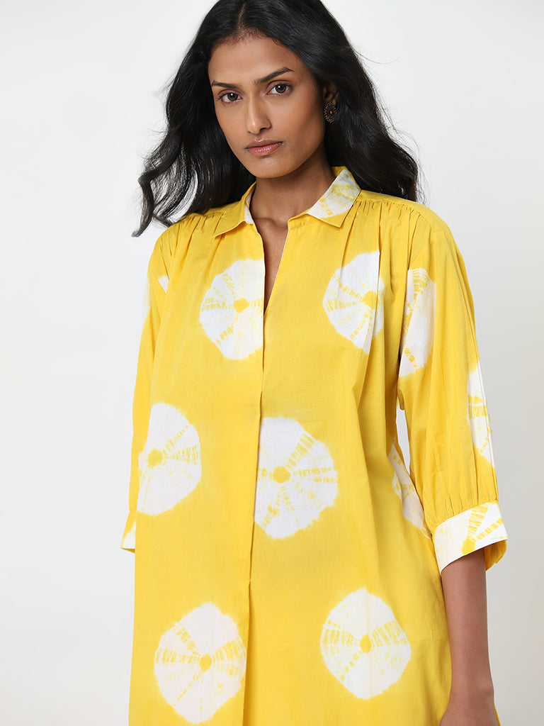 Utsa Yellow Tie-Dye Printed A-Line Cotton Kurta