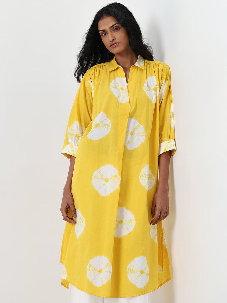 Utsa Yellow Tie-Dye Printed A-Line Cotton Kurta