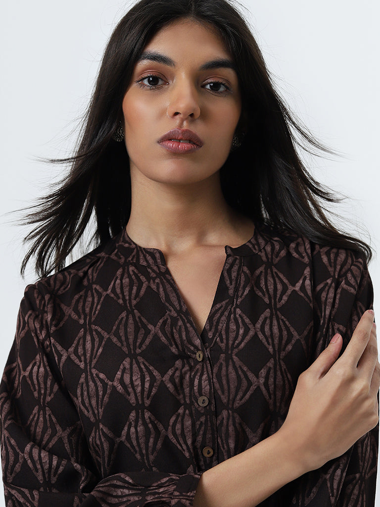 Utsa Dark Brown Abstract Design Straight Cotton Kurti