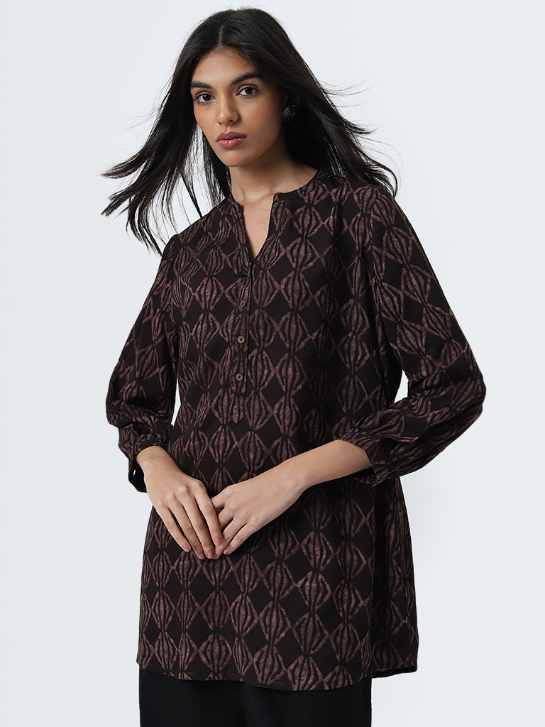 Utsa Dark Brown Abstract Design Straight Cotton Kurti