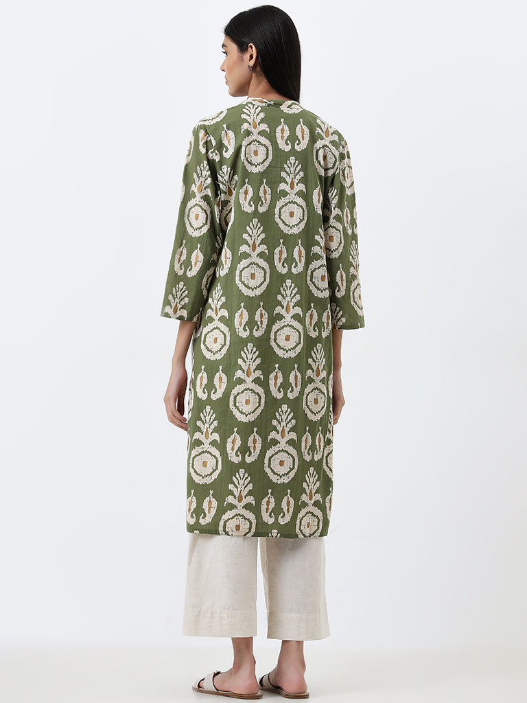 Utsa Olive Paisley Design Straight Cotton Kurta