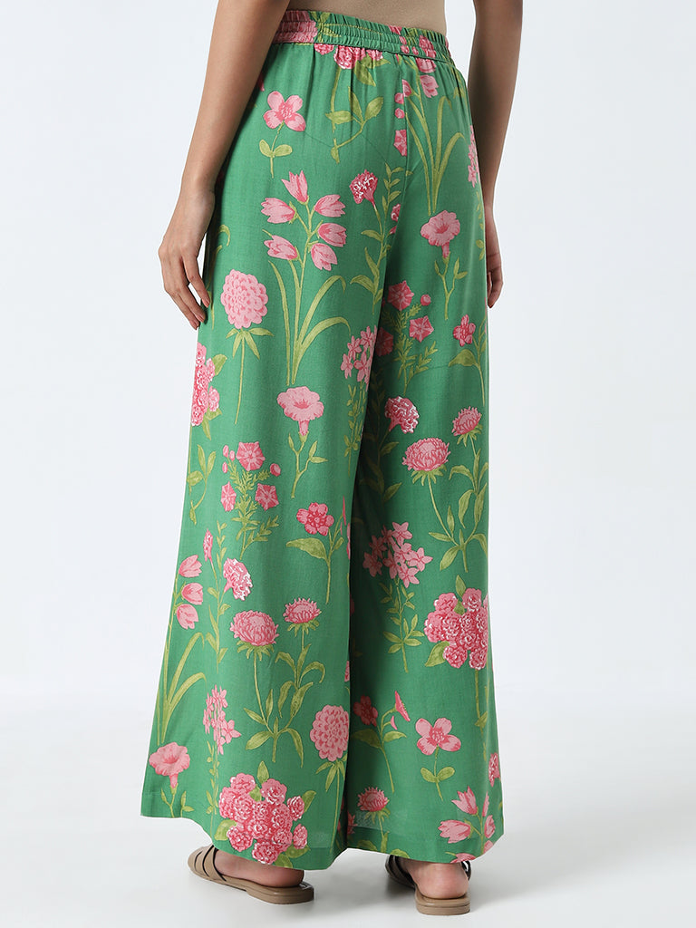 Utsa Green Floral Design High-Rise Palazzos