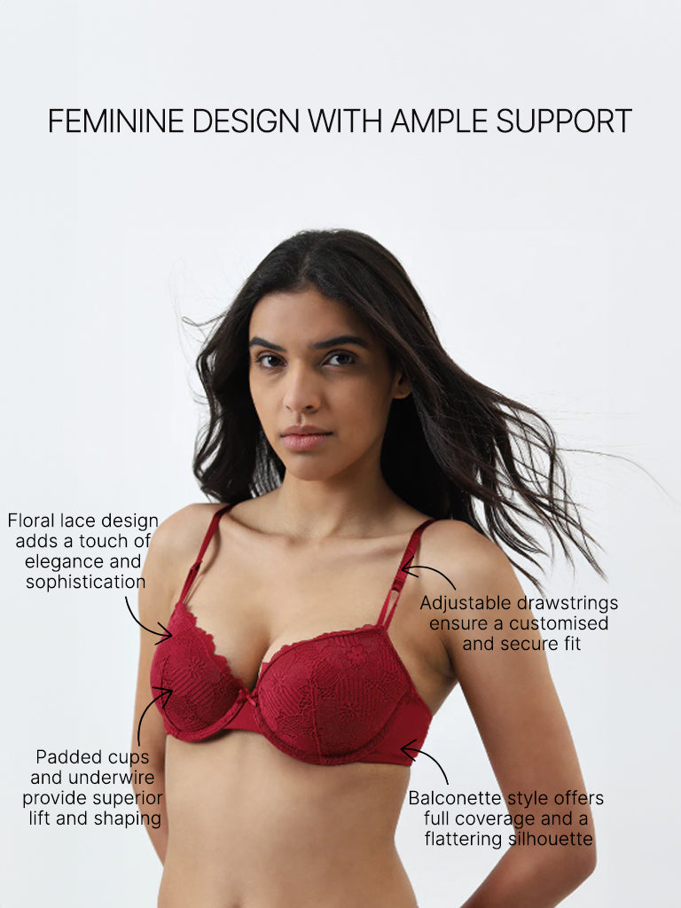 Wunderlove Red Floral Lace-Designed Padded and Wired Bra