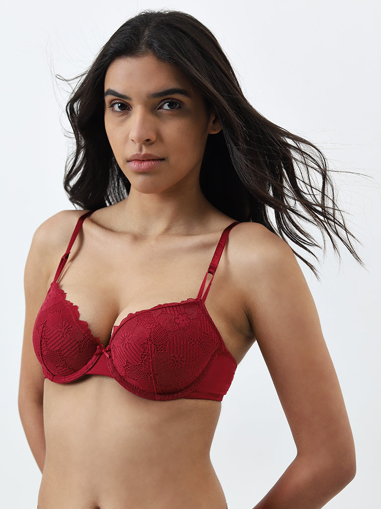 Wunderlove Red Floral Lace-Designed Padded and Wired Bra