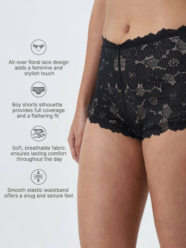 Wunderlove Black Floral Lace Designed Boy Shorts Brief