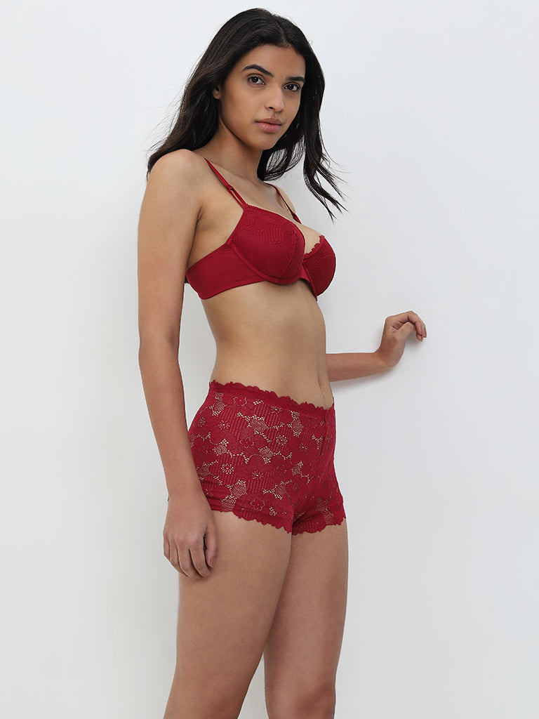 Wunderlove Red Floral Lace-Designed Boy Shorts Brief