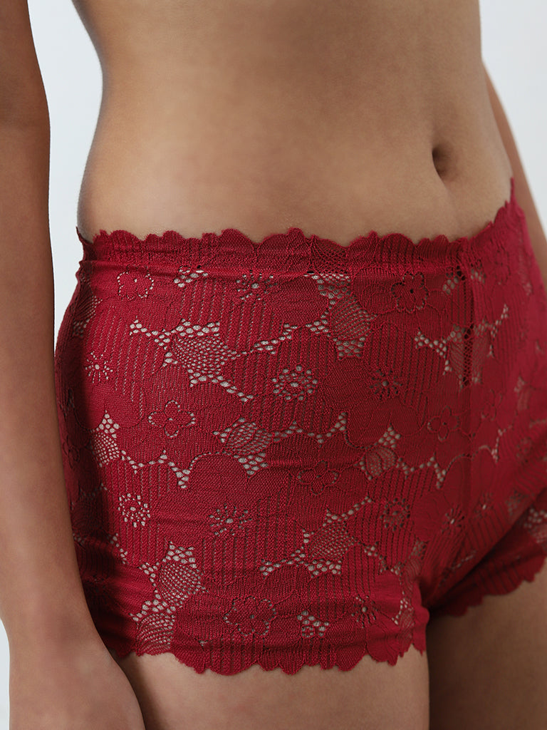 Wunderlove Red Floral Lace-Designed Boy Shorts Brief