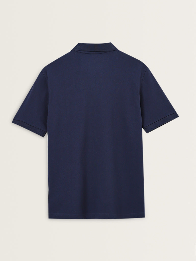 WES Casuals Dark Blue Relaxed-Fit Cotton Blend Polo T-Shirt