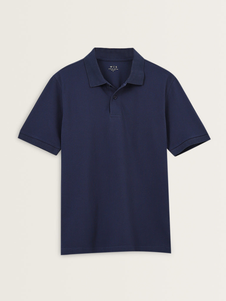 WES Casuals Dark Blue Relaxed-Fit Cotton Blend Polo T-Shirt