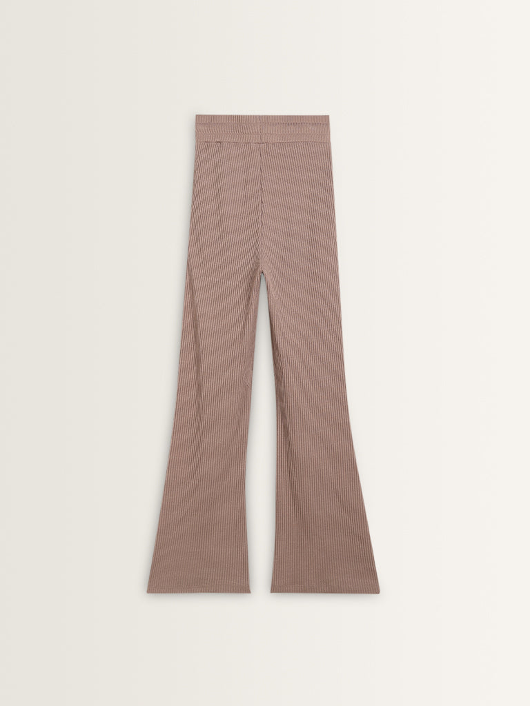 Studiofit Light Brown Ribbed Textured High-Rise Track Pants