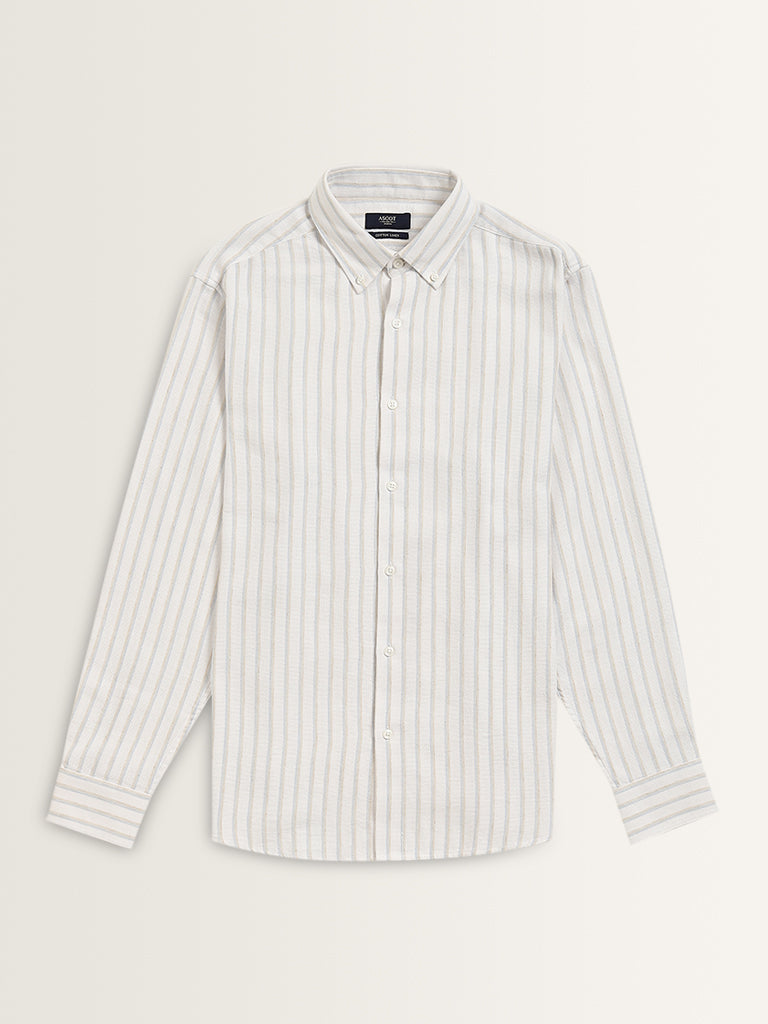 Ascot Off-White Stripe Printed Relaxed-Fit Cotton Blend Shirt