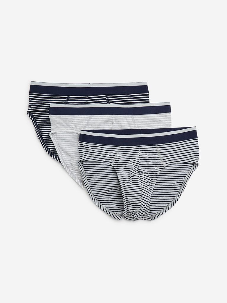 WES Lounge Navy Striped Cotton Blend Briefs - Pack of 3