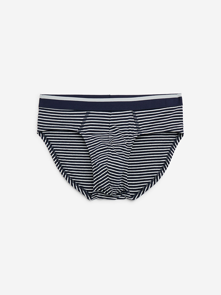 WES Lounge Navy Striped Cotton Blend Briefs - Pack of 3