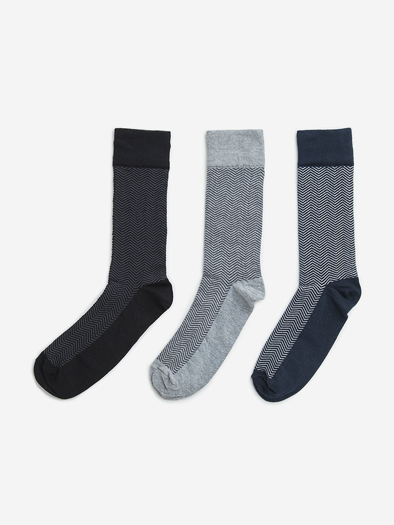 WES Lounge Black Printed Cotton Blend Socks - Pack of 3