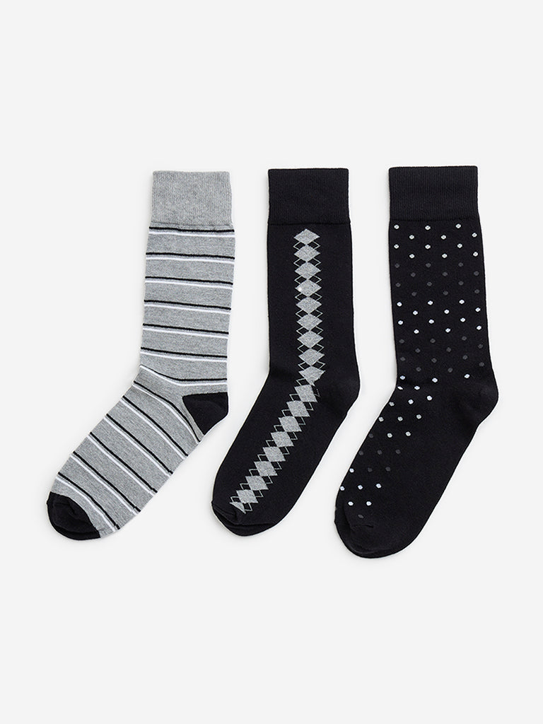 WES Lounge Black Print Full-Length Cotton Socks - Pack of 3