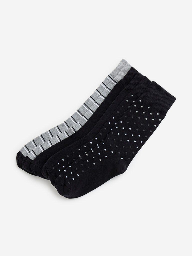 WES Lounge Black Print Full-Length Cotton Socks - Pack of 3