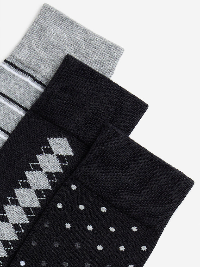 WES Lounge Black Print Full-Length Cotton Socks - Pack of 3