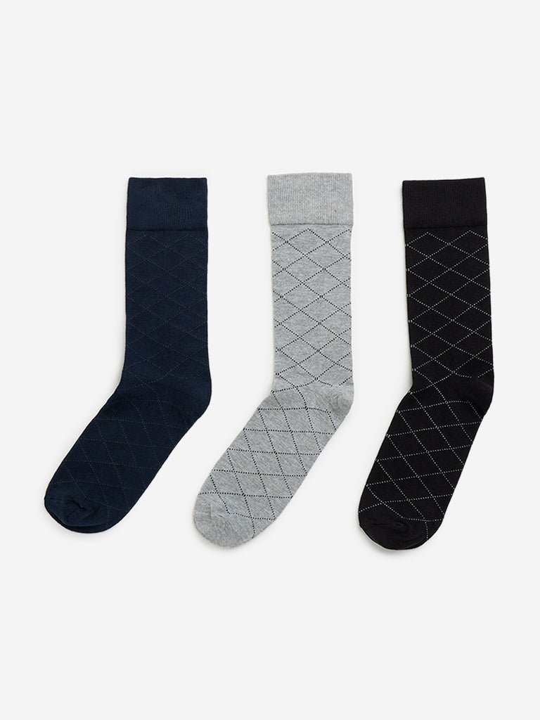 WES Lounge Grey Patterned Full Length Socks - Pack of 3