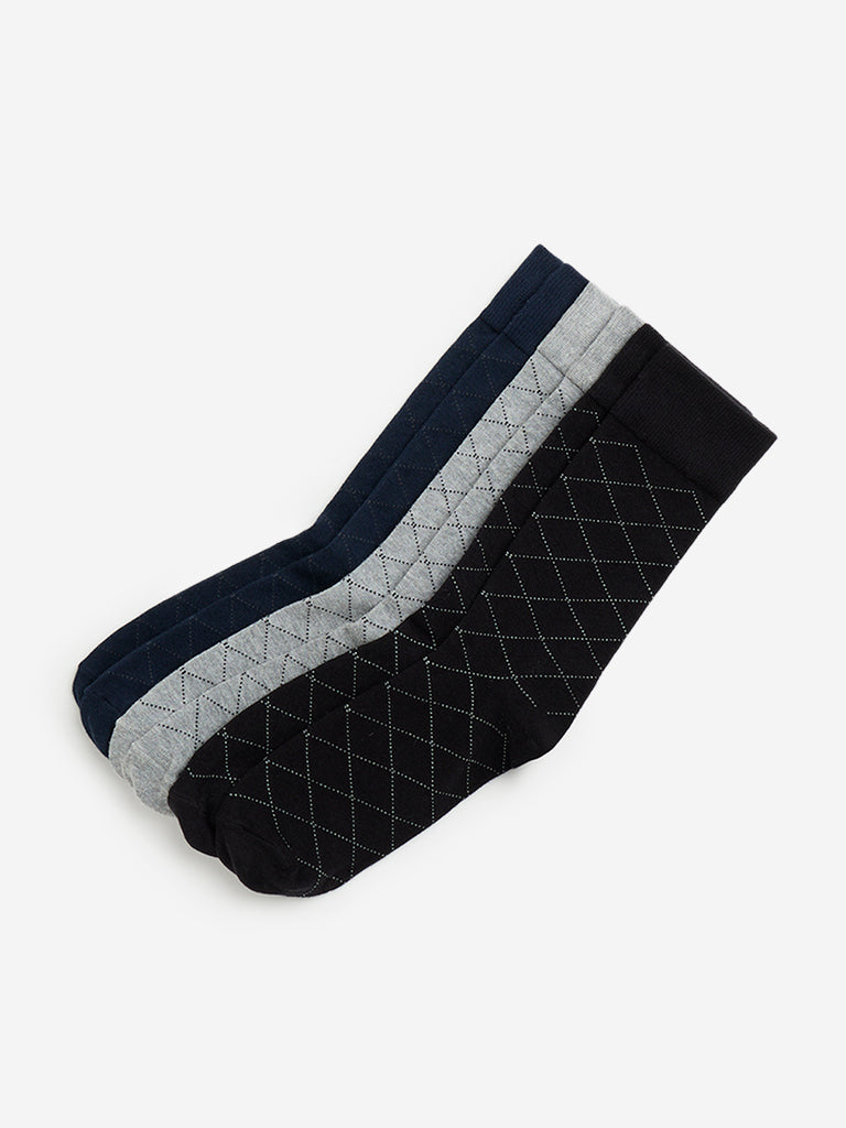 WES Lounge Grey Patterned Full Length Socks - Pack of 3