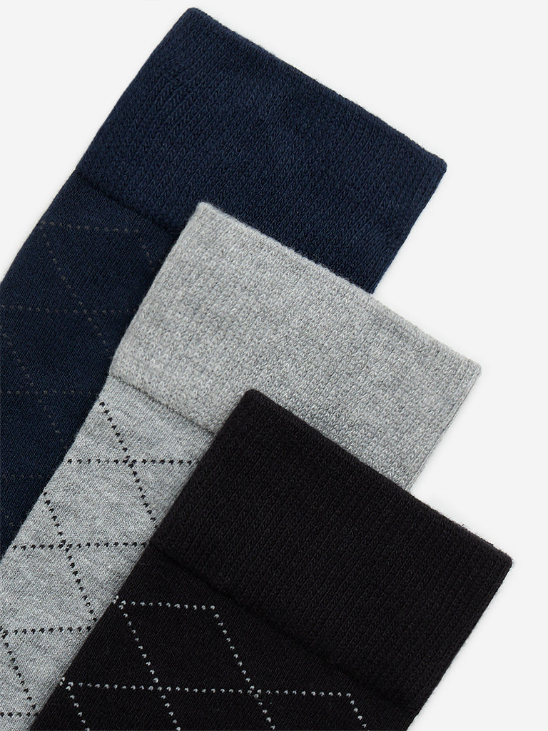 WES Lounge Grey Patterned Full Length Socks - Pack of 3